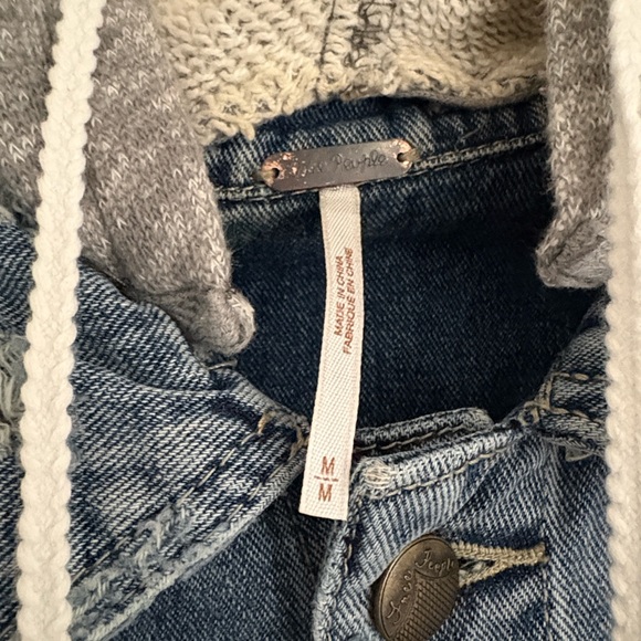 Free People Blue Denim Distressed Jacket with Gray Sleeves and hood - Picture 5 of 7